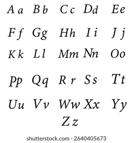Alphabet icon. Vector font collection. Stylized letter symbol. Italic script typeface.