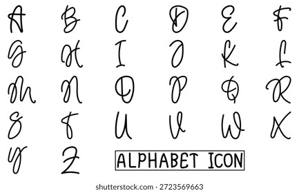 Alphabet-Symbol, Vektorgrafik-Set, handgeschriebener Doodle-Stil einzeln auf weißem Hintergrund, Alphabet-Schriftart A bis Z, englisches Alphabet.