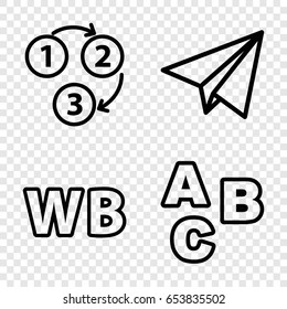 Alphabet icons set. set of 4 alphabet outline icons such as wb, 1 2 3, paper plane