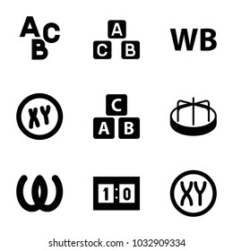 Alphabet icons. set of 9 editable filled alphabet icons such as abc cube, child playground carousel, omega, xy, wb, sport score