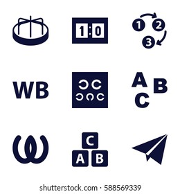 alphabet icons set. Set of 9 alphabet filled icons such as ABC cube, child playground carousel, eye test, WB, sport score, 1 2 3, paper plane, ABC