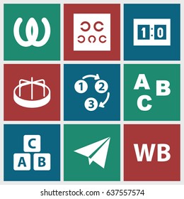 Alphabet icons set. set of 9 alphabet filled icons such as abc cube, child playground carousel, eye test, wb, sport score, 1 2 3, paper plane, abc