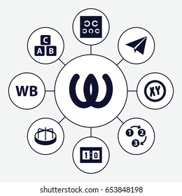 Alphabet icons set. set of 9 alphabet filled icons such as abc cube, child playground carousel, eye test, wb, sport score, 1 2 3, paper plane, xy