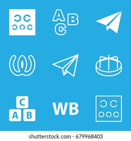 Alphabet icons set. set of 9 alphabet filled and outline icons such as abc cube, eye test, wb, paper plane, child playground carousel, abc