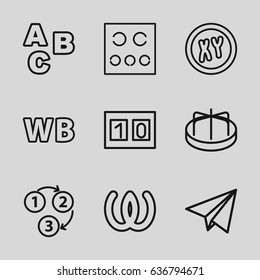 Alphabet icons set. set of 9 alphabet outline icons such as child playground carousel, eye test, wb, 1 2 3, paper plane, sport score, abc, omega