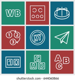 Alphabet icons set. set of 9 alphabet outline icons such as abc cube, child playground carousel, eye test, wb, 1 2 3, paper plane, sport score, abc