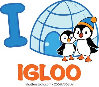 Alphabet I - Igloo with Penguins: A fun, colorful illustration for kids' education, preschool, and kindergarten learning concepts.