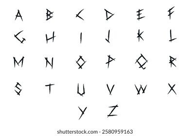 Alphabet Illustrated in runes Line Art Nordic style.