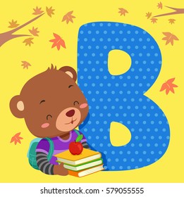Alphabet Illustration Featuring a Brown Bear Reading a Book Standing Beside a Tile of the Letter B