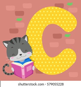 Alphabet Illustration Featuring a Cute Cat Reading a Book Standing Beside a Tile of the Letter C