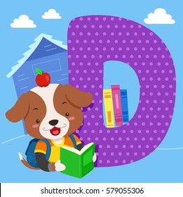 Alphabet Illustration Featuring a Cute Dog Reading a Book Standing Beside a Tile of the Letter D