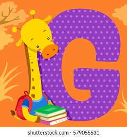 Alphabet Illustration Featuring a Giraffe Carrying a Stack of Books Standing Beside a Tile of the Letter G