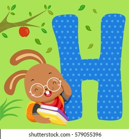 Alphabet Illustration Featuring a Hare Carrying a Stack of Books Standing Beside a Tile of the Letter H