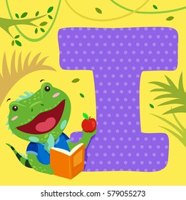 Alphabet Illustration Featuring an Iguana Carrying a Stack of Books Standing Beside a Tile of the Letter I