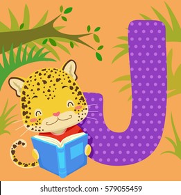 Alphabet Illustration Featuring a Jaguar Reading a Book Standing Beside a Tile of the Letter J