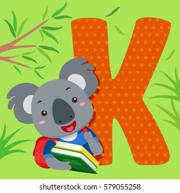 Alphabet Illustration Featuring a Koala Carrying a Stack of Books Standing Beside a Tile of the Letter K