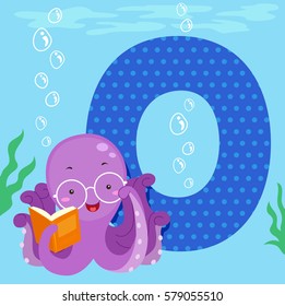 Alphabet Illustration Featuring an Octopus Reading a Book Sitting Beside a Tile of the Letter O