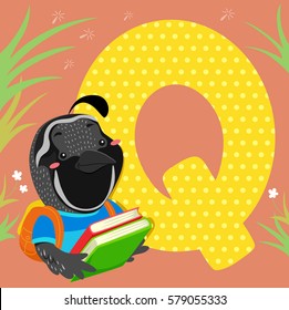 Alphabet Illustration Featuring a Quail Reading a Book Sitting Beside a Tile of the Letter Q