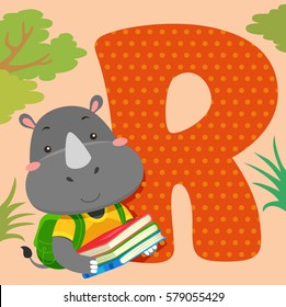 Alphabet Illustration Featuring a Rhinoceros Reading a Book Sitting Beside a Tile of the Letter R