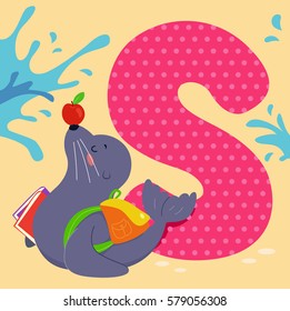 Alphabet Illustration Featuring a Sea Lion Carrying School Books Standing Beside a Tile of the Letter S