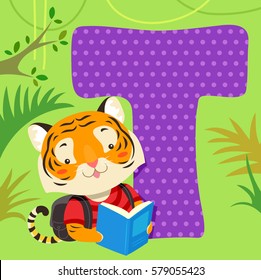 Alphabet Illustration Featuring a Tiger Reading a Book Sitting Beside a Tile of the Letter T