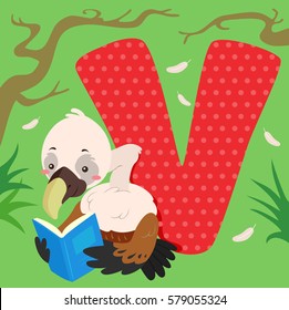 Alphabet Illustration Featuring a Vulture Reading a Book Sitting Beside a Tile of the Letter V