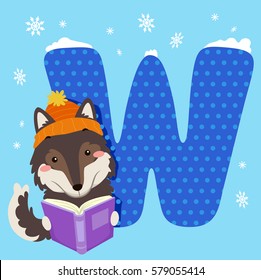 Alphabet Illustration Featuring a Wolf Reading a Book Sitting Beside a Tile of the Letter W