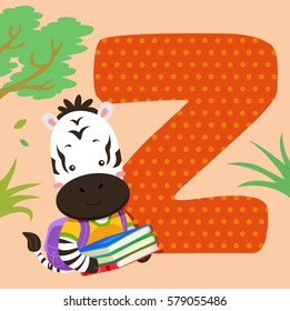 Alphabet Illustration Featuring a Zebra Reading a Book Sitting Beside a Tile of the Letter Z