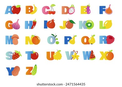 Alphabet illustration in flat cartoon design. Colorful letters are displayed next to different fruits, berries and vegetables in this cute image. Vector illustration.