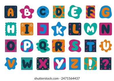 Alphabet illustration in flat cartoon design. The letters are depicted on backgrounds of different shapes and colors in this wonderful image. Vector illustration.