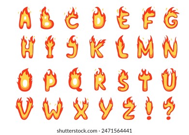 Alphabet illustration in flat cartoon design. This vibrant image features a gorgeous alphabet with fiery letters on a white background. Vector illustration.