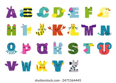 Alphabet illustration in flat cartoon design. This colorful image features the letters in the form of different animals, so they're great for learning the alphabet. Vector illustration.