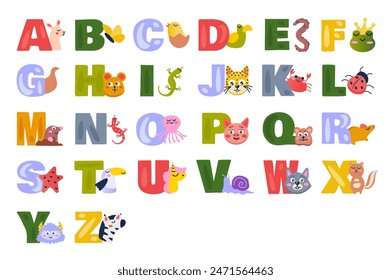 Alphabet illustration in flat cartoon design. Colorful letters and animals suitable for teaching children are depicted in this bright image. Vector illustration.