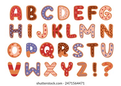 Alphabet illustration in flat cartoon design. This image features letters in the shape of sweets and is designed with a nice color palette on a white background. Vector illustration.