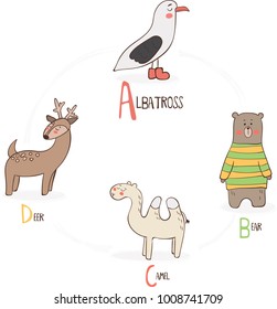 Alphabet with illustrations of animals. Letters A, B, C, D