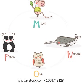 Alphabet with illustrations of animals. Letters M, N, O, O.
