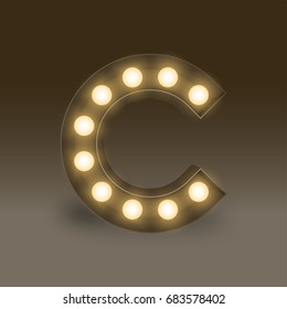 Alphabet Incandescent light bulb box set letter C, illustration retro 3D style isolated glow in dark background