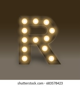 Alphabet Incandescent Light Bulb Box Set Letter R, Illustration Retro 3D Style Isolated Glow In Dark Background