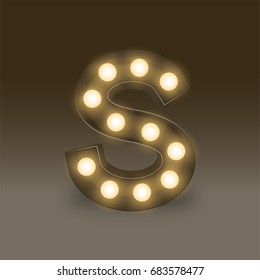 Alphabet Incandescent light bulb box set letter S, illustration retro 3D style isolated glow in dark background