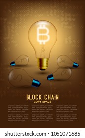 Alphabet Incandescent light bulb switch on set Bitcoin Cryptocurrency with broken US Dollars, Euro, Pound and Japanese symbol concept, illustration isolated brown gradient geometric circle background