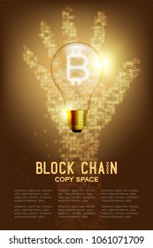 Alphabet Incandescent light bulb switch on set Bitcoin Cryptocurrency symbol with geometric circle pattern hand, Blockchain technology concept design illustration isolated brown gradient background