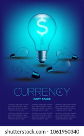 Alphabet Incandescent light bulb switch on set Currency USD (United States Dollars) with broken Euro, Pound and Japanese Yen symbol concept, illustration isolated glow in blue gradient background