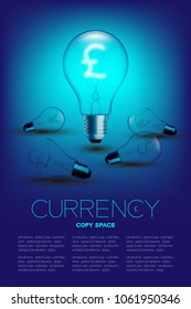 Alphabet Incandescent light bulb switch on set Currency GBP (Pound Sterling) with broken Euro, Japanese and United States Dollars symbol concept, illustration isolated glow in blue gradient background