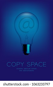 Alphabet Incandescent light bulb switch off set At sign, Email concept design illustration isolated glow in blue gradient background