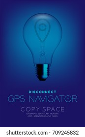 Alphabet Incandescent light bulb switch off set GPS navigator lost signal disconnect concept, illustration isolated in blue gradient background