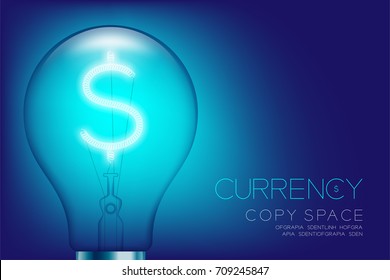 Alphabet Incandescent light bulb switch on set Currency USD (United States Dollars) symbol concept, illustration isolated glow in blue gradient background