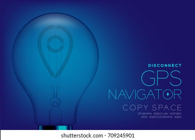 Alphabet Incandescent light bulb switch off set GPS navigator lost signal disconnect concept, illustration isolated in blue gradient background