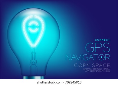 Alphabet Incandescent light bulb switch on set GPS navigator connect concept, illustration isolated glow in blue gradient background
