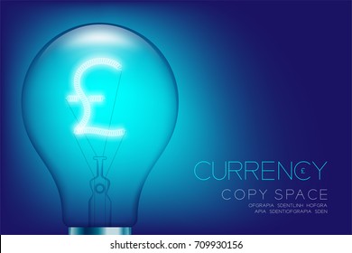 Alphabet Incandescent light bulb switch on set Currency GBP (Pound Sterling) symbol concept, illustration isolated glow in blue gradient background