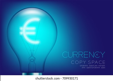 Alphabet Incandescent light bulb switch on set Currency EUR (European Euro) symbol concept, illustration isolated glow in blue gradient background